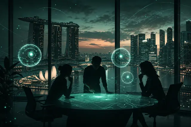 A small marketing team around a glowing table in a Singapore high-rise, AI agent orbs floating among them