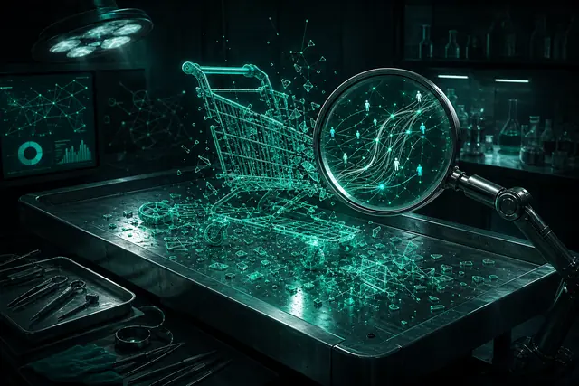 A shattered glowing shopping cart of data fragments on a forensic table under a magnifying lens