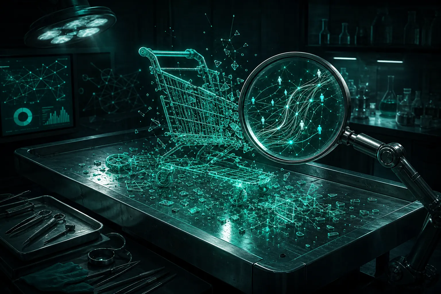 A shattered glowing shopping cart of data fragments on a forensic table under a magnifying lens