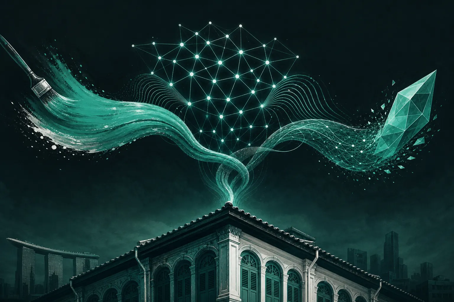 Three streams of creativity, media signal and brand merging through a neural lattice above Singapore rooftops