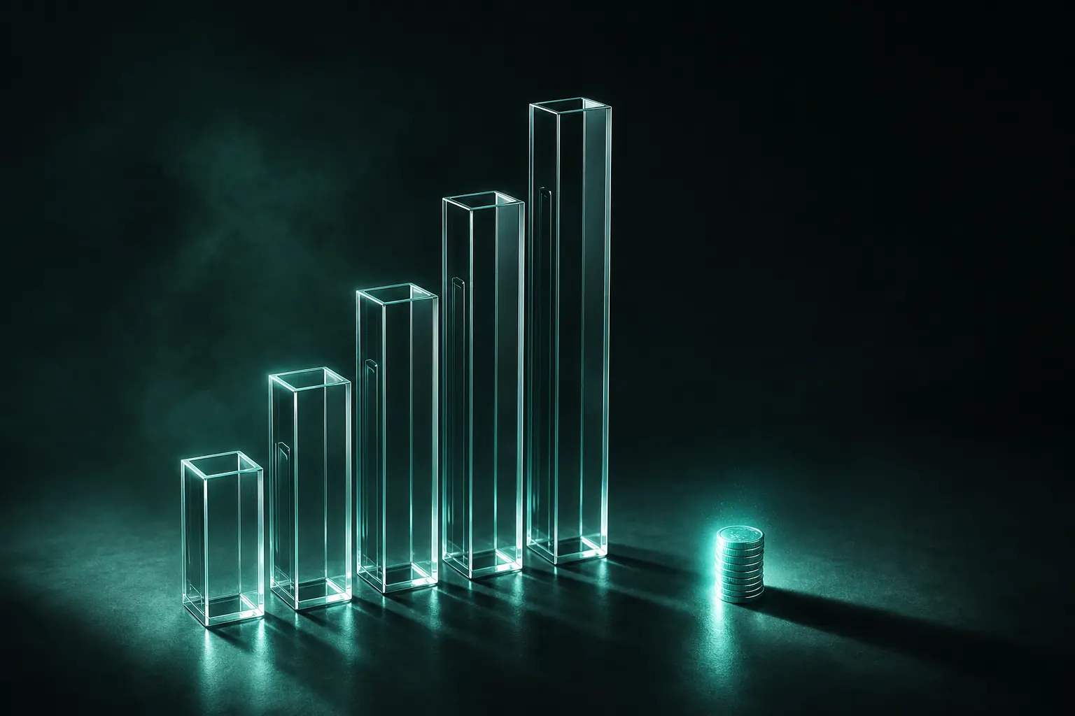 A tall hollow glass bar chart beside a small solid glowing coin stack casting a long shadow