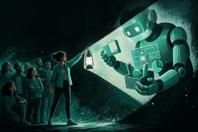 A marketer with a lantern revealing a looming robot shadow is only a tool, peers standing behind