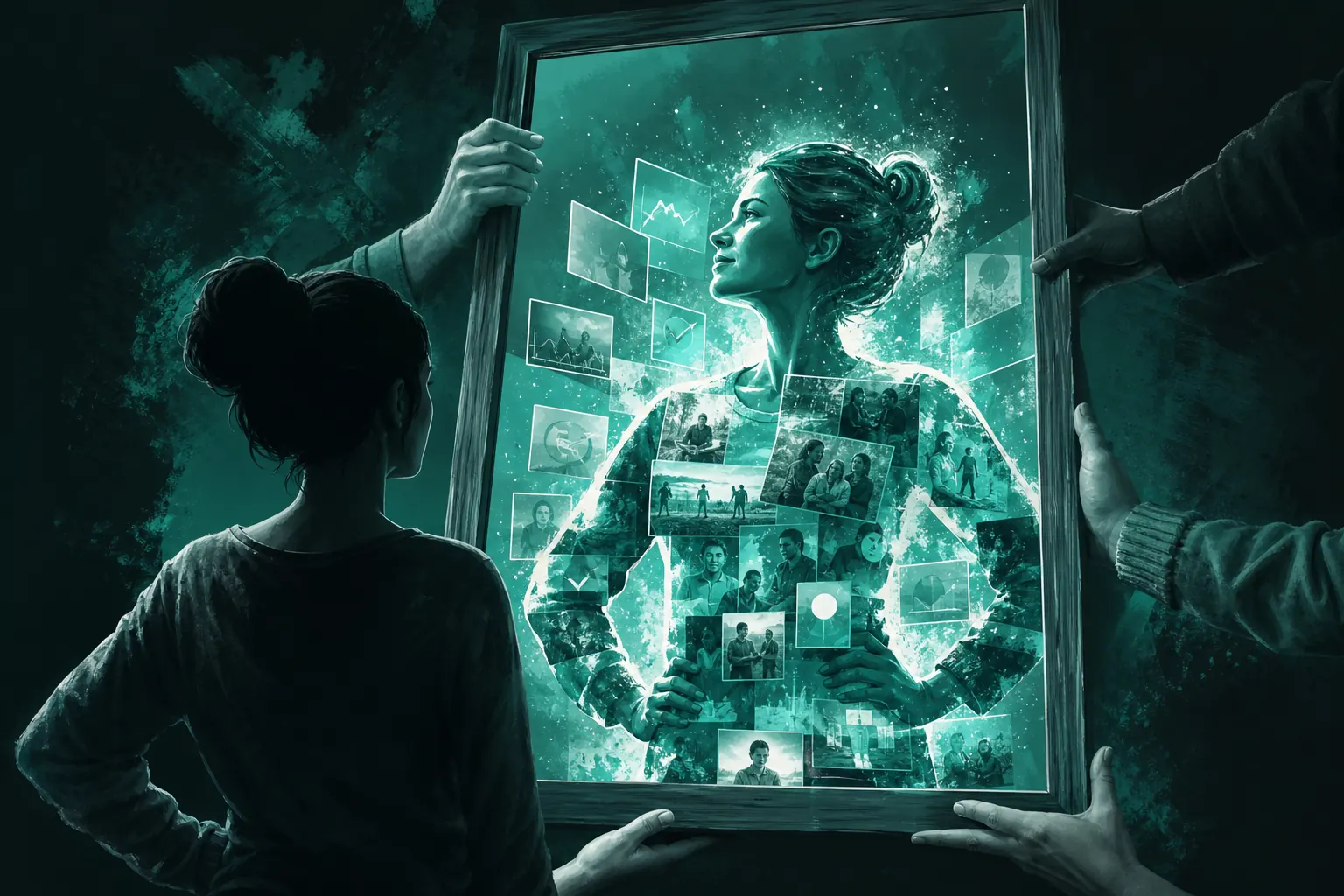 A person before a mirror reflecting a stronger self built from glowing evidence cards, held by many hands