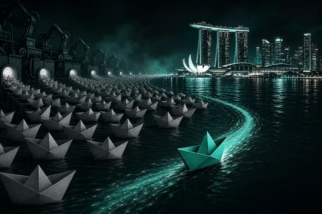 A sea of identical grey paper boats with one handcrafted teal boat sailing toward Marina Bay lights