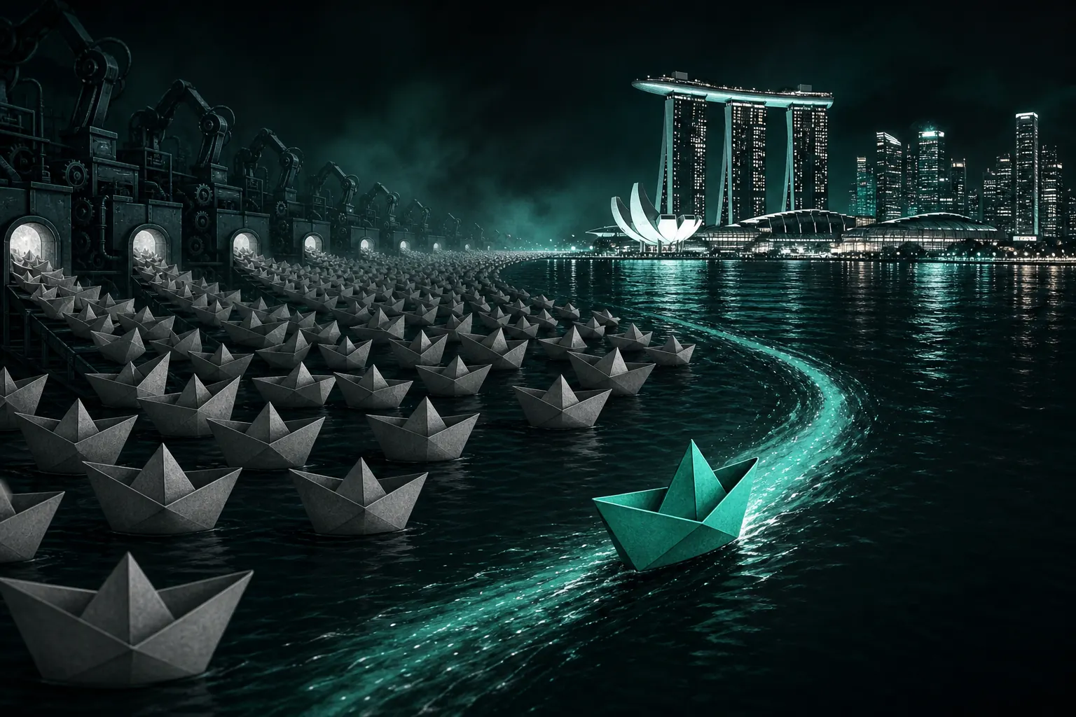 A sea of identical grey paper boats with one handcrafted teal boat sailing toward Marina Bay lights