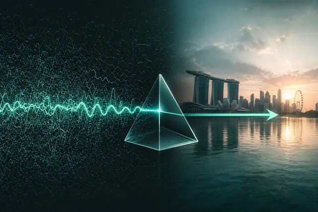 A single bright signal wave isolated from noise, passing through a prism into a clear arrow path
