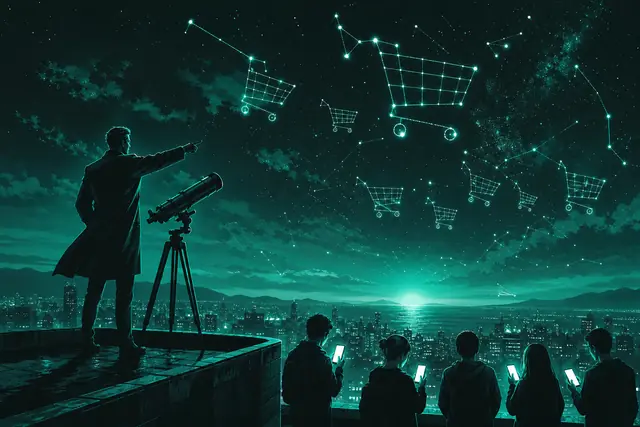 A strategist on a rooftop with a telescope aimed at glowing shopping-cart constellations and young audiences