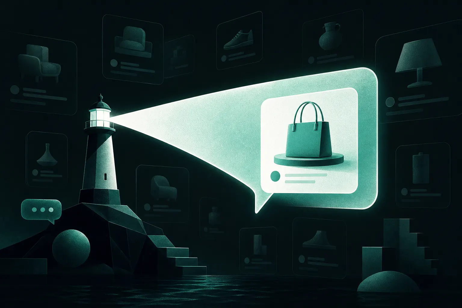 An AI answer bubble shaped like a lighthouse beam picking out one brand among floating search cards